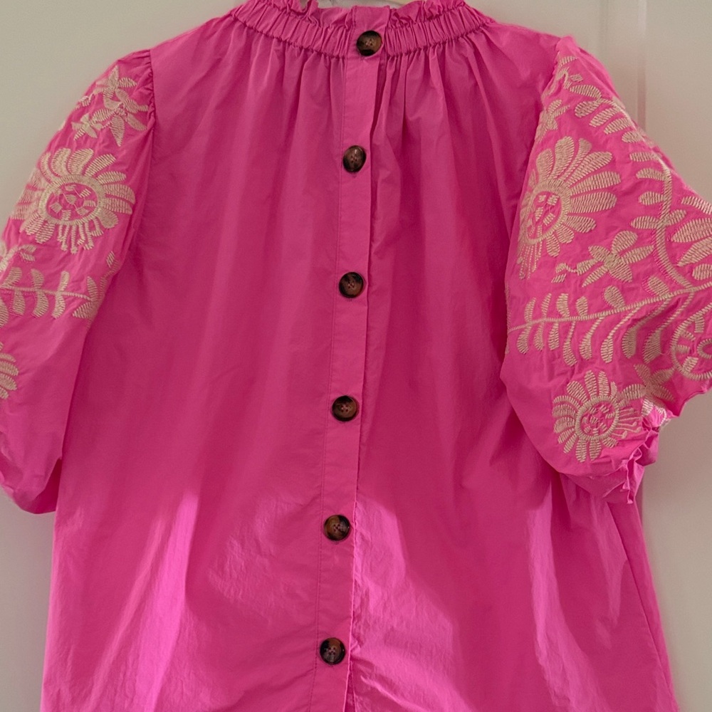 Hot Pink Embroidered Puff-Sleeve Blouse - Picture 4 of 10